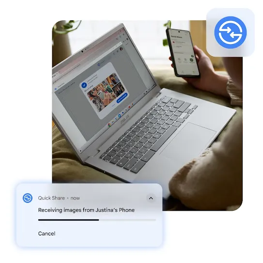 A person sits with a laptop that is receiving images from a smartphone via the Quick Share feature. A notification layered above shows a progress bar and indicates that files are being received from 'Justina's Phone'.