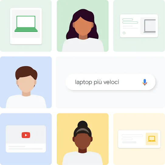 Collage illustrato di 3 utenti che ricevono consigli diversi per le loro query di ricerca legate allo shopping su laptop