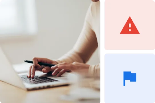 Bildcollage mit der Hand einer Frau auf einem Laptop, einem Symbol für eine Benachrichtigung zu einem Verstoß und einer Schaltfläche, um Einspruch einzulegen.