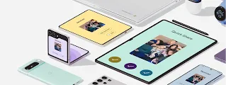 Multiple Android devices, including a flip phone, smartwatch, TV, phone, and tablet.