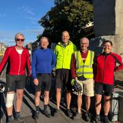 The Ride and Stride cyclists about to set off from the King Alfred statue. (L-R) Patrick Ryan, Tim Banks, Terrence Allan, Tim Goulder and Fran Goulder.