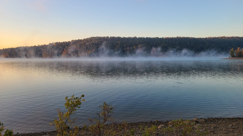 Mist hovering over the lake at Daisy State Park, Arkansas, at sunrise