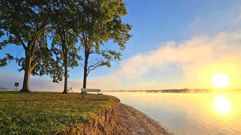 trees and bench overlooking Long Branch Lake, Long Branch State Park, Macon, Missouri
