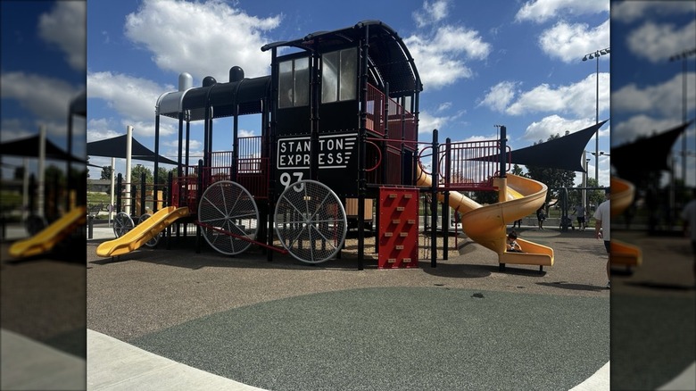 Train theme playground equipment at Stanton Central Park in Stanton, California