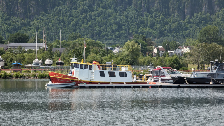 Boats by the Red Rock marina with forested cliffs in background