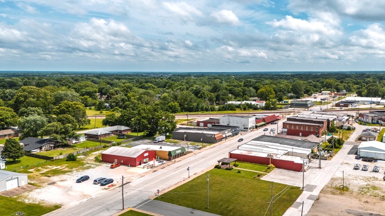 Aerial view of downtown Republic, Missouri, with low buildings and lush treetops in the background
