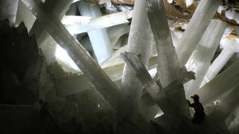 Massive crystals inside the Cave of Crystals in Naica Mountain, Mexico