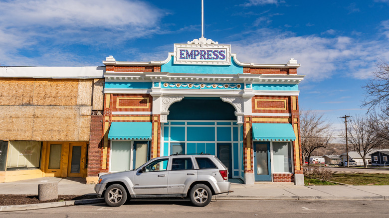 The colorful entrance to the historic Empress Theatre along Main Street in Magna, Utah.