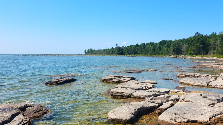 The rocky shoreline along Lake Michigan at Newport State Park in Wisconsin
