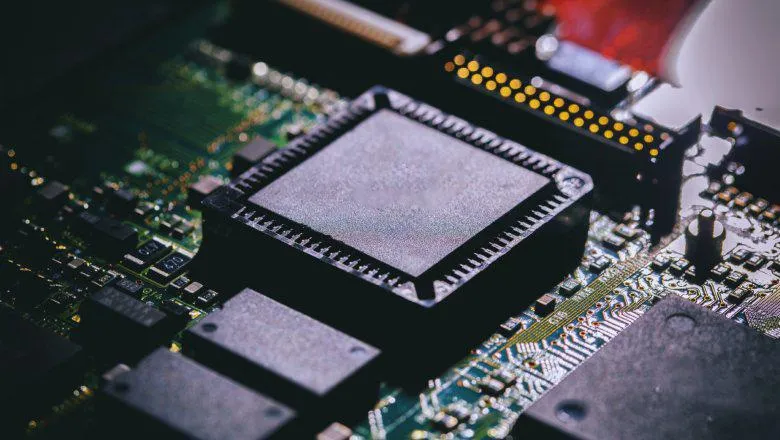 Macro View of Computer Circuit Board and Chip