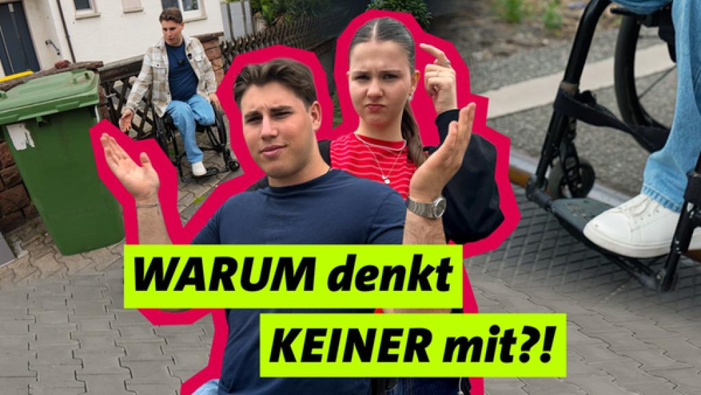 Mal eben vor die Tür · Wie barrierefrei ist unser Alltag wirklich? | Rechte: WDR POV-Host Helena (hinten) trifft Tom, der seit einem Unfall im Rollstuhl sitzt. Im Hintergrund sind Alltagsszenen mit Bordstein und Mülltonne zu sehen. Tom hebt die Hände und Helena tippt sich mit dem Zeigefinger an den Kopf.