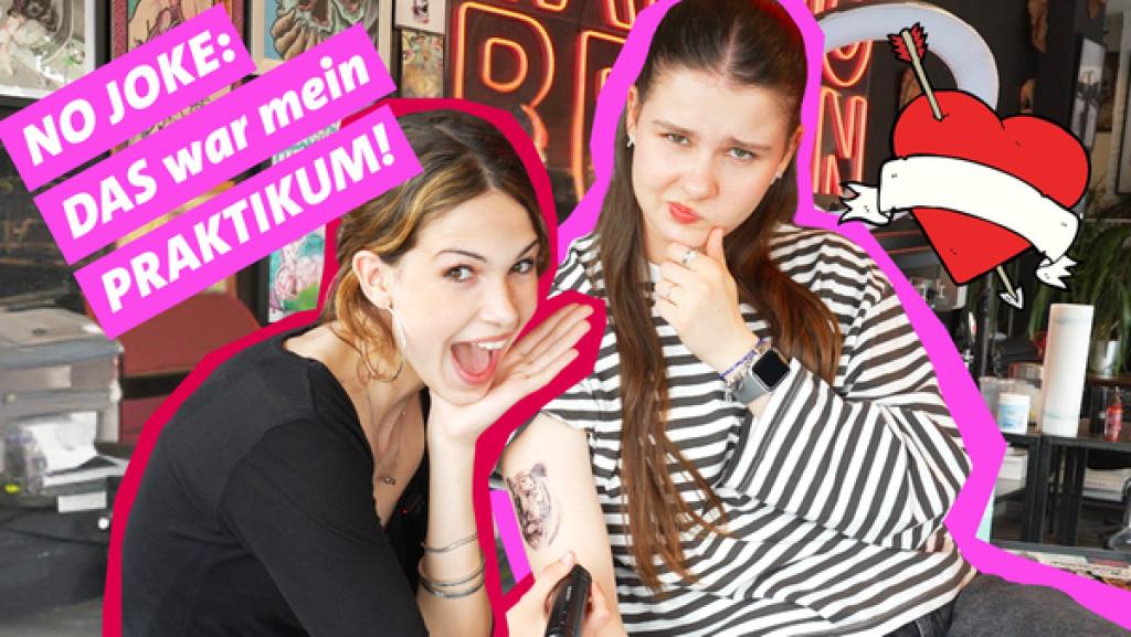 Mein Praktikum im Tattoostudio - Was lernt man dabei wirklich? | Rechte: WDR Praktikantin Ella sitzt neben POV-Host Helena in einem Tattoostudio und tut so, als würde sie ein (Fake-)Tigertattoo auf Helenas Oberarm stechen. Beide lächeln in die Kamera, im Hintergrund sind Tattoo-Motive und Arbeitsmaterial zu sehen.