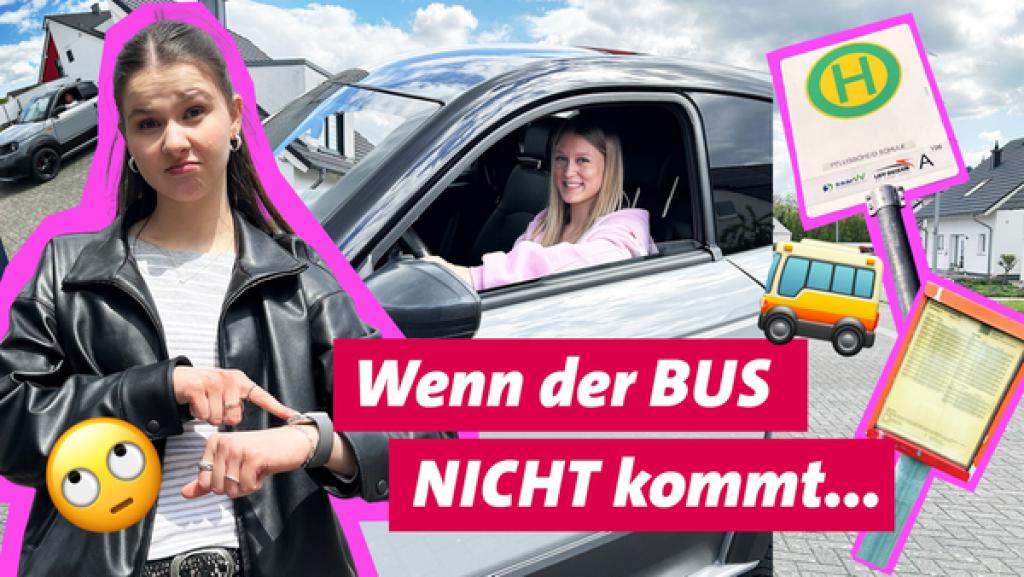 Mobilität auf dem Dorf · Wenn der Bus nicht kommt | Rechte: WDR POV-Host Helene Clear (links) wartet genervt auf den Bus, während Leonie mit ihrem eigenen Microcar schon startklar ist.
