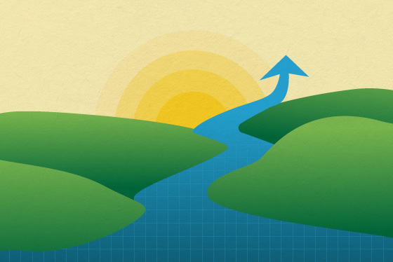 Illustration of a river running through green hills pointing to a shining sun. 