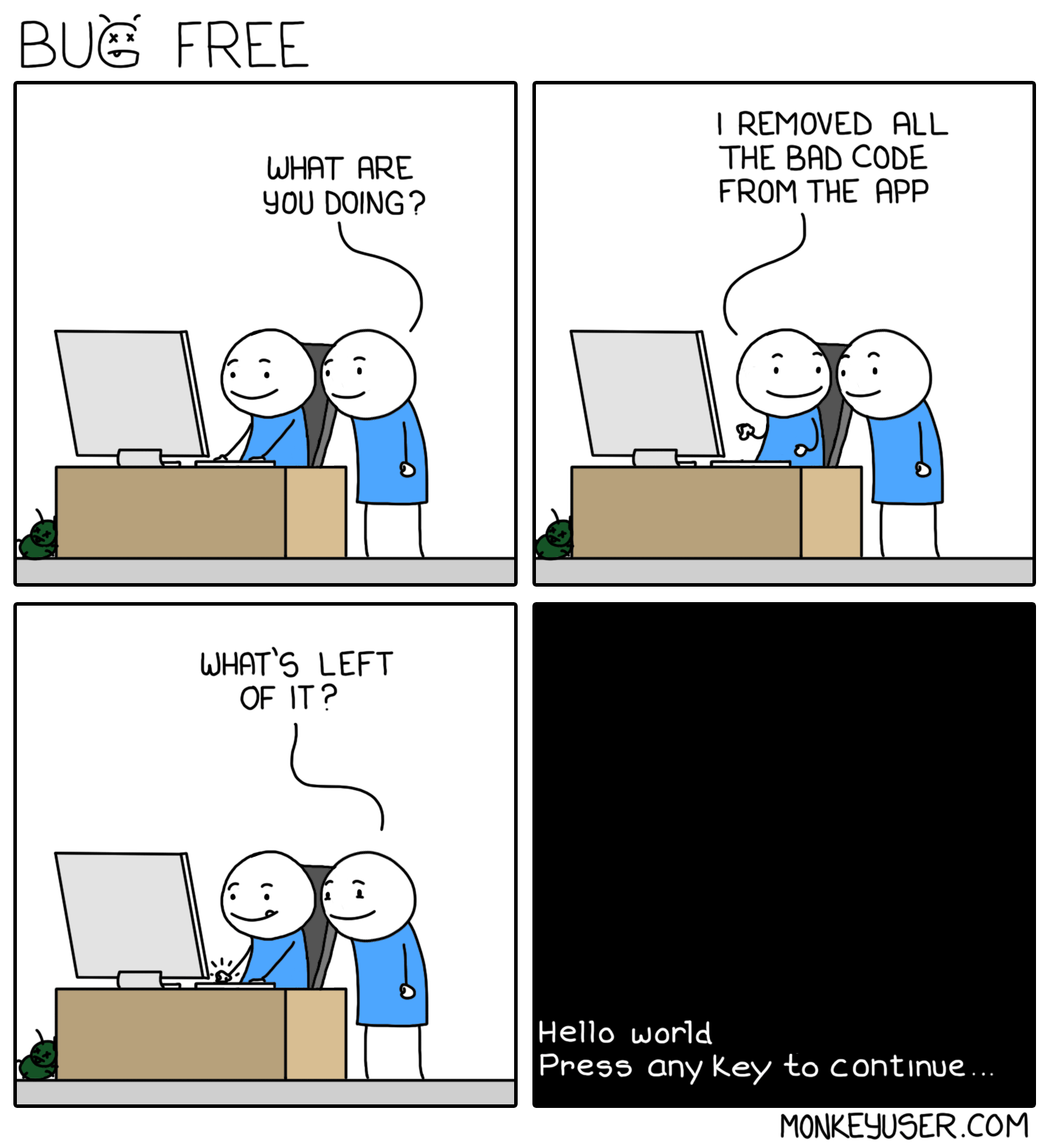 "Bug Free" comic at monkeyuser.com