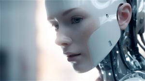 close up of a human female looking robot face, generative AI