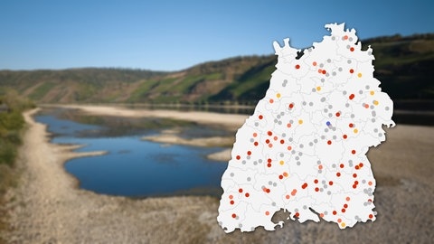 Rhein mit Niedrigwasser mit Karte mit allen Pegelstationen in Baden-Württemberg