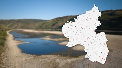 Rhein mit Niedrigwasser mit Karte mit allen Pegelstationen in Rheinland-Pfalz