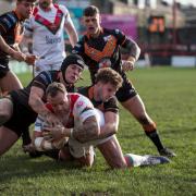 George Flanagan goes over for the try right at the end of the first half that put an end to Whitehaven's mini-revival.