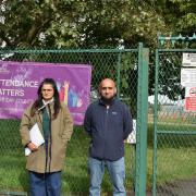 Arooj Din and A. Ahmed outside the closed Oaks Lane entrance