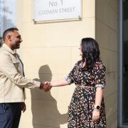Tom Almas, Wizu Group CEO, and Rebecca Llewellyn, Property Manager at Nice Leisure Limited outside One Godwin Street