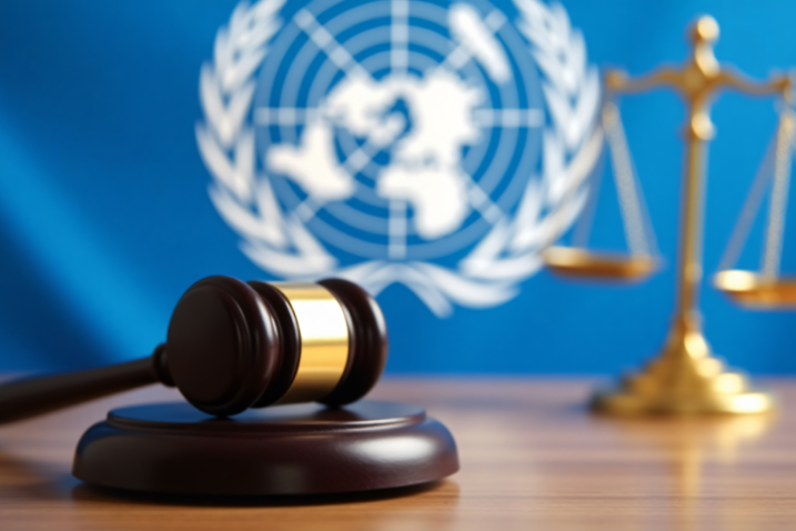 Gavel and scales of justice with background of UN logo