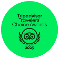 Green circle with 'Tripadvisor Travelers' Choice Awards 2025' and owl logo.