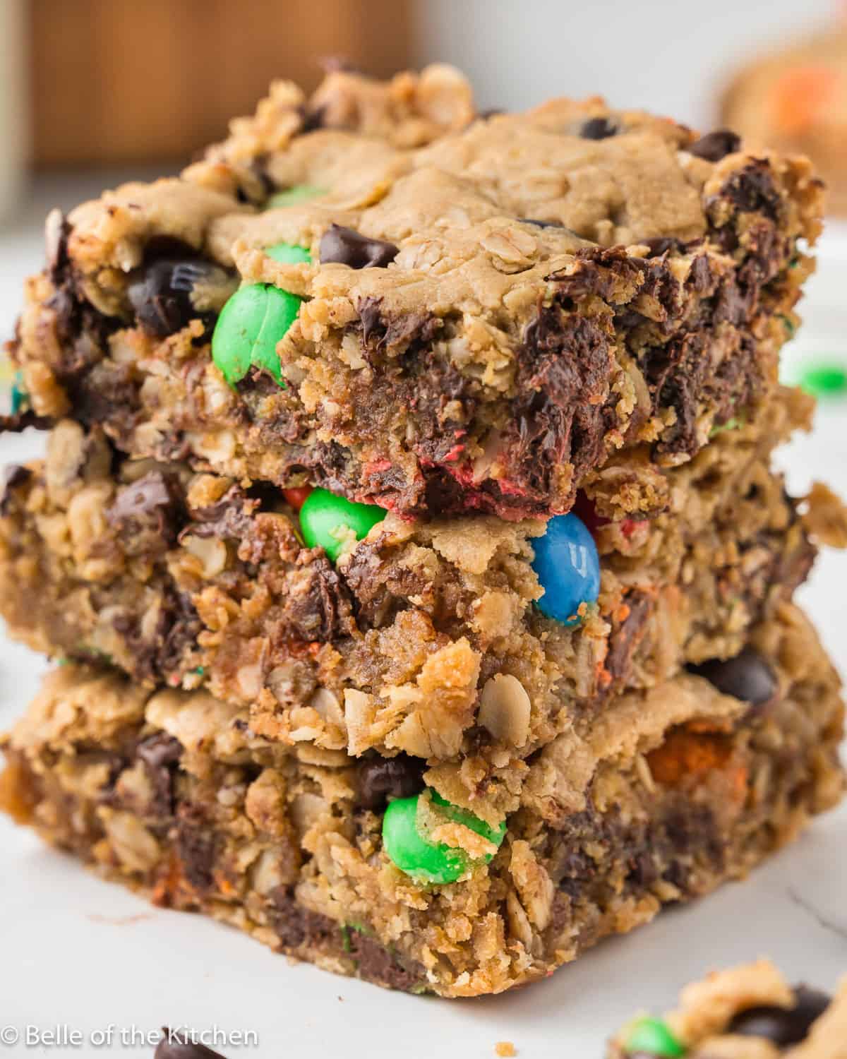 a stack of monster cookie bars.