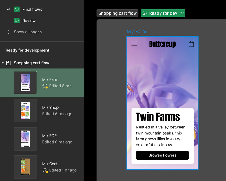 A screen shows sections ready for development in Dev Mode
