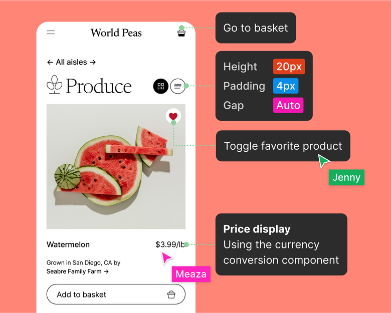 Two teammate cursors using annotations to document design notes for engineering on an e-commerce product page.