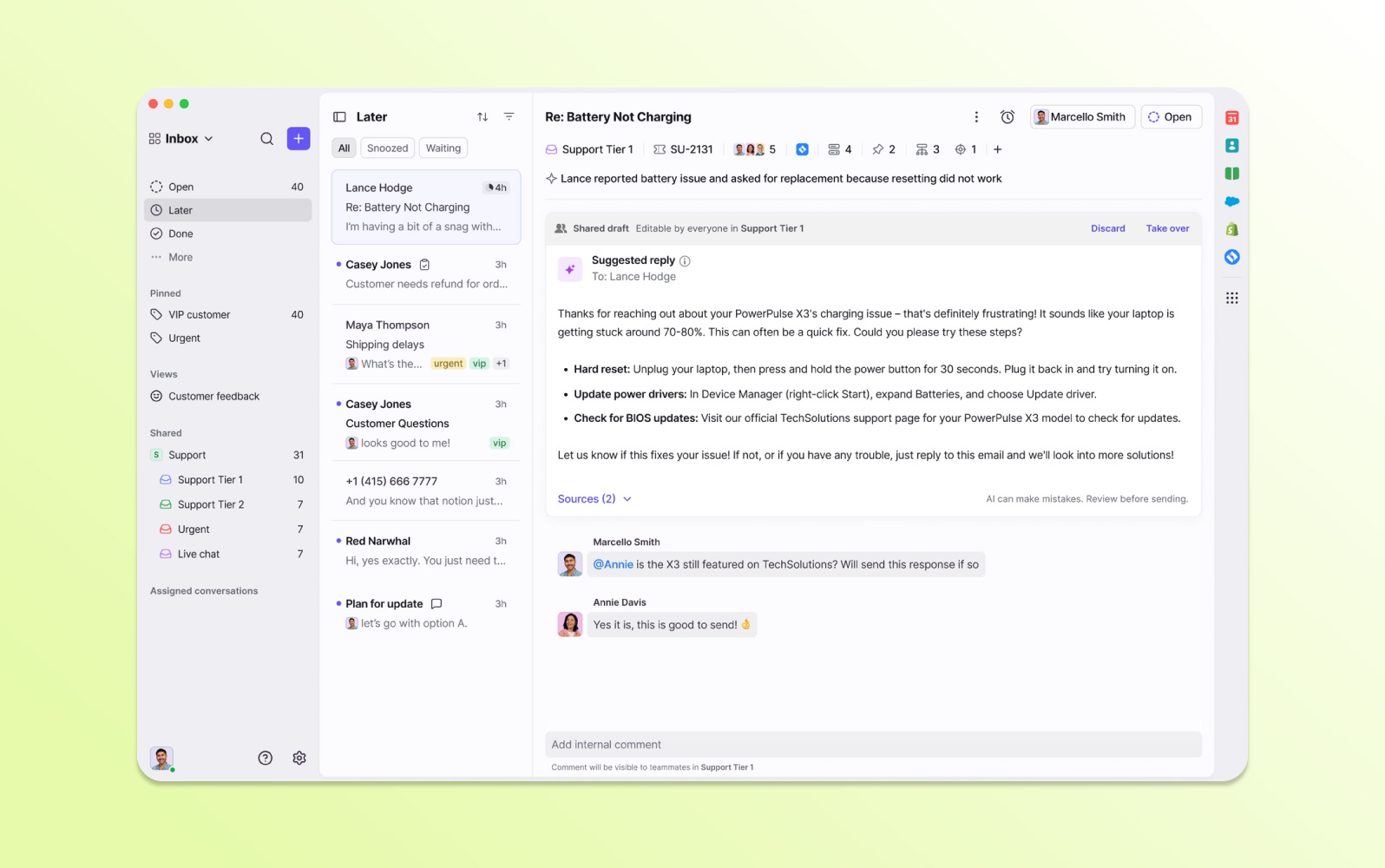 Capture d'écran du logiciel de ticketing helpdesk Front, présentant une boîte de réception collaborative unifiant les e-mails, le chat et les messages d'équipe.