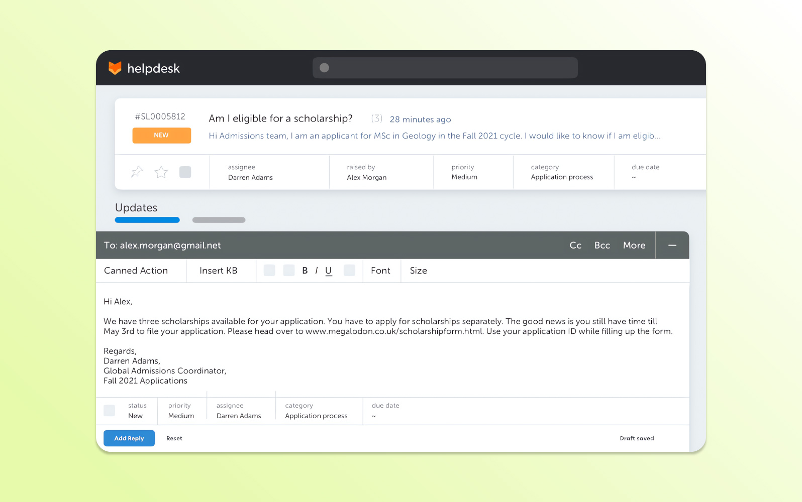 Capture d'écran du logiciel de tickets de helpdesk HappyFox avec un tableau de bord intuitif pour le suivi des demandes et l'automatisation des workflows.
