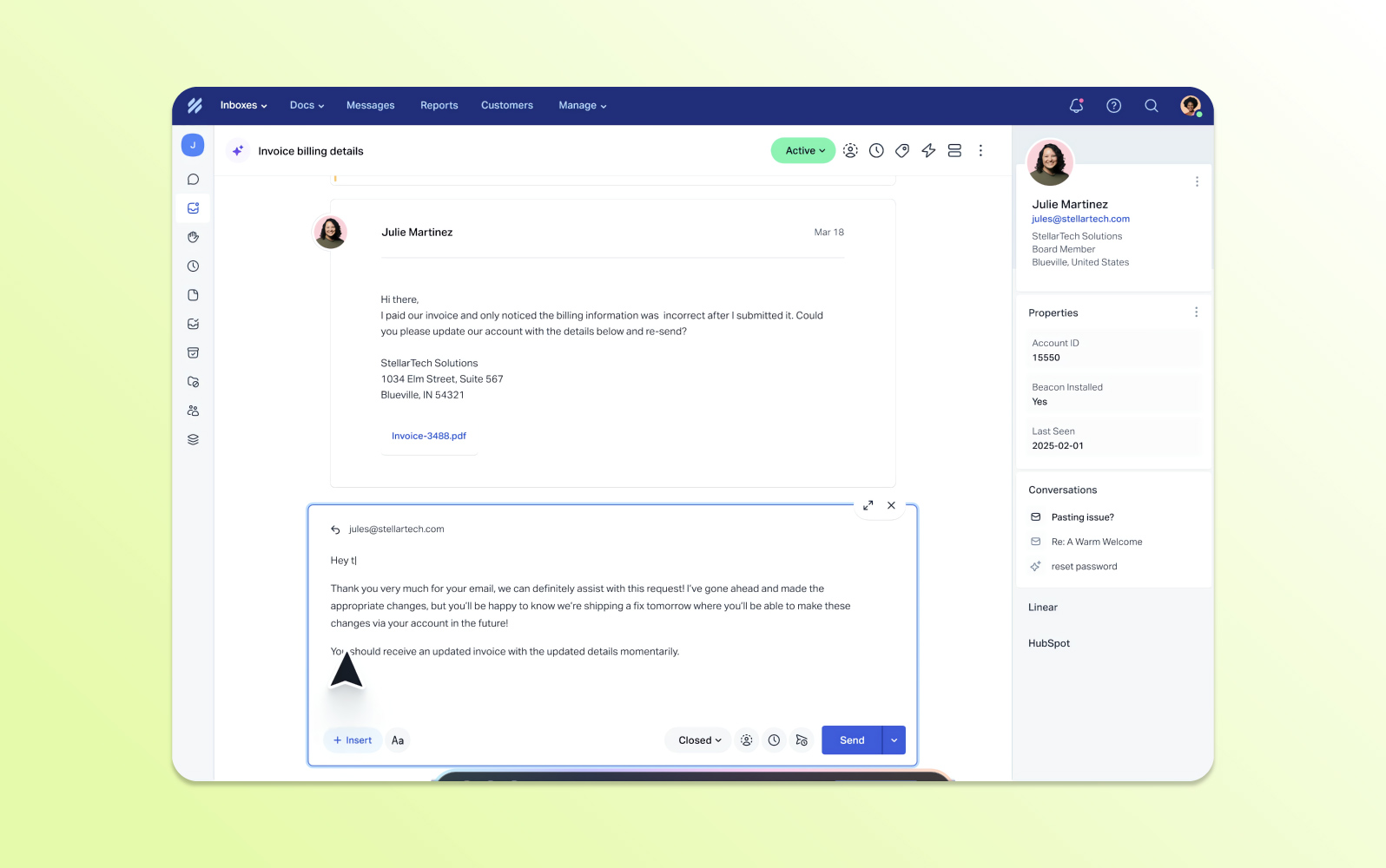 Capture d'écran des outils de ticketing helpdesk Help Scout, dotés d'une boîte de réception partagée, de profils clients et d'outils de connaissances.