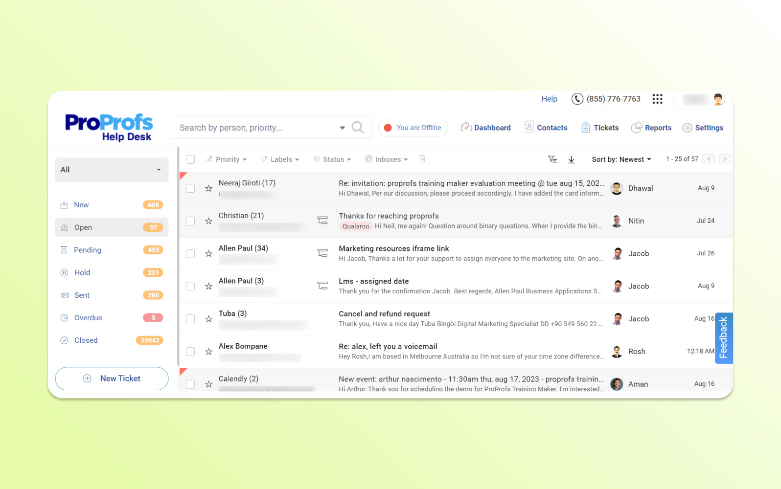 Capture d'écran du logiciel de tickets de helpdesk ProProfs Help Desk avec chat en direct, suivi des tickets et base de connaissances en libre-service.