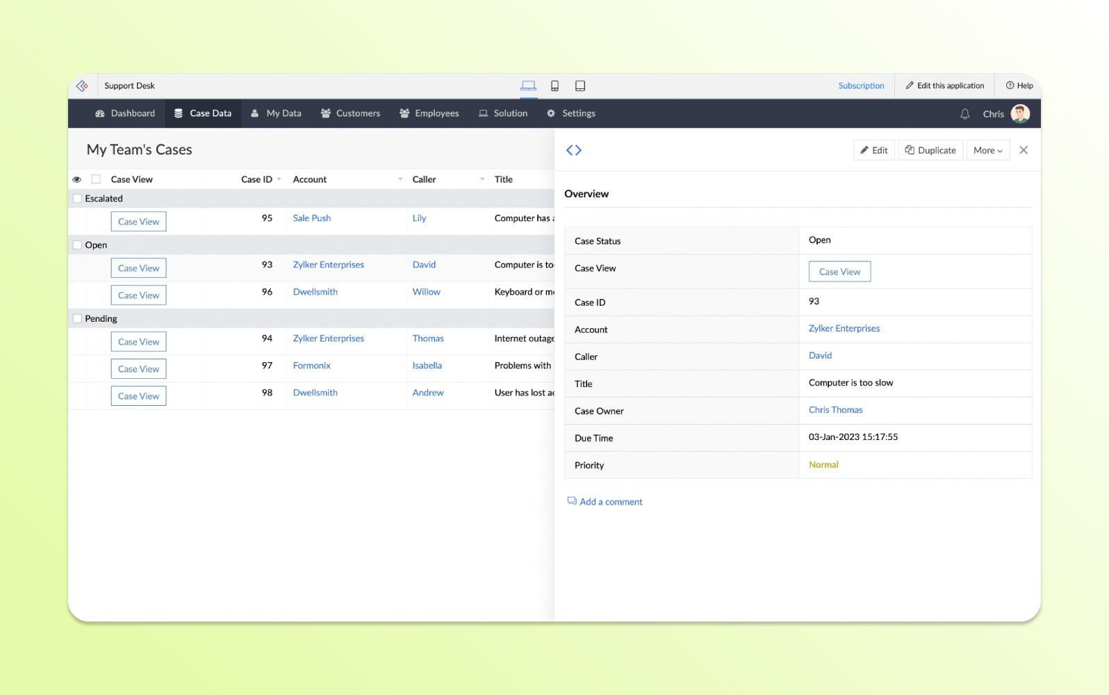 Capture d'écran du logiciel de ticketing helpdesk Zoho Desk, présentant les files d'attente de tickets, les analyses et les outils d'équipe collaboratifs.