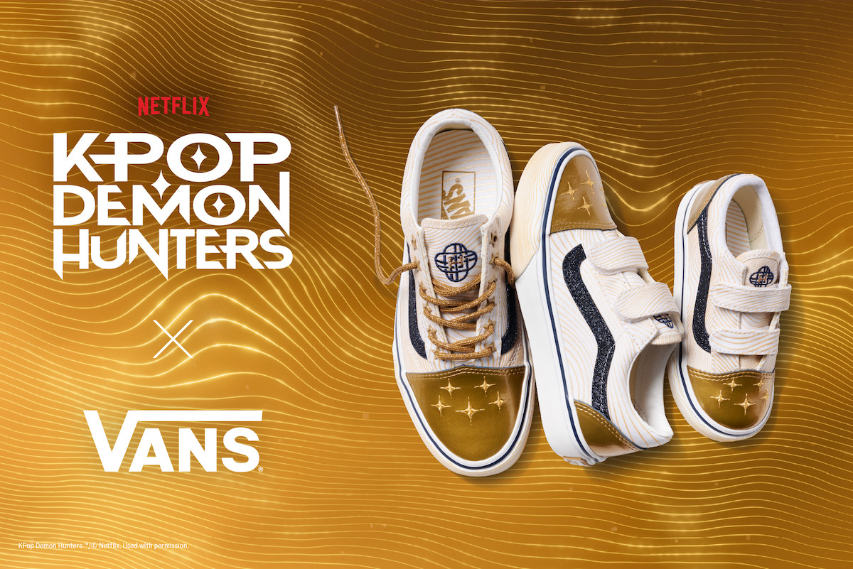 Three gold and white Vans sneakers with star designs on a wavy gold background, next to text showing a Netflix K-Pop Demon Hunters and Vans collaboration.