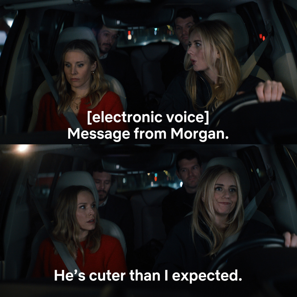 Split screen of Kristin Bell as Joanne and Justine Lupe as Morgan riding in a car together with shocked expressions in Season 1 of ‘Nobody Wants This’