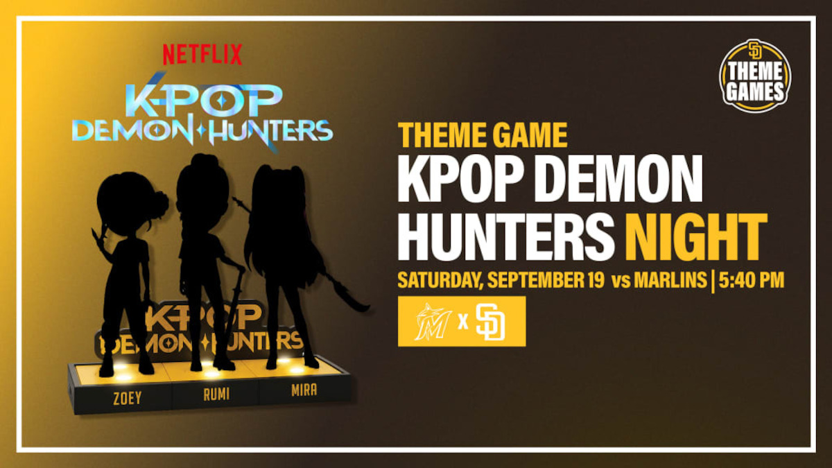 Promotional graphic for Netflix’s KPOP Demon Hunters Night theme game, with silhouetted character figures labeled Zoey, Rumi, and Mira, event details for Marlins vs Padres, and SD Theme Games logo on a yellow and brown background.