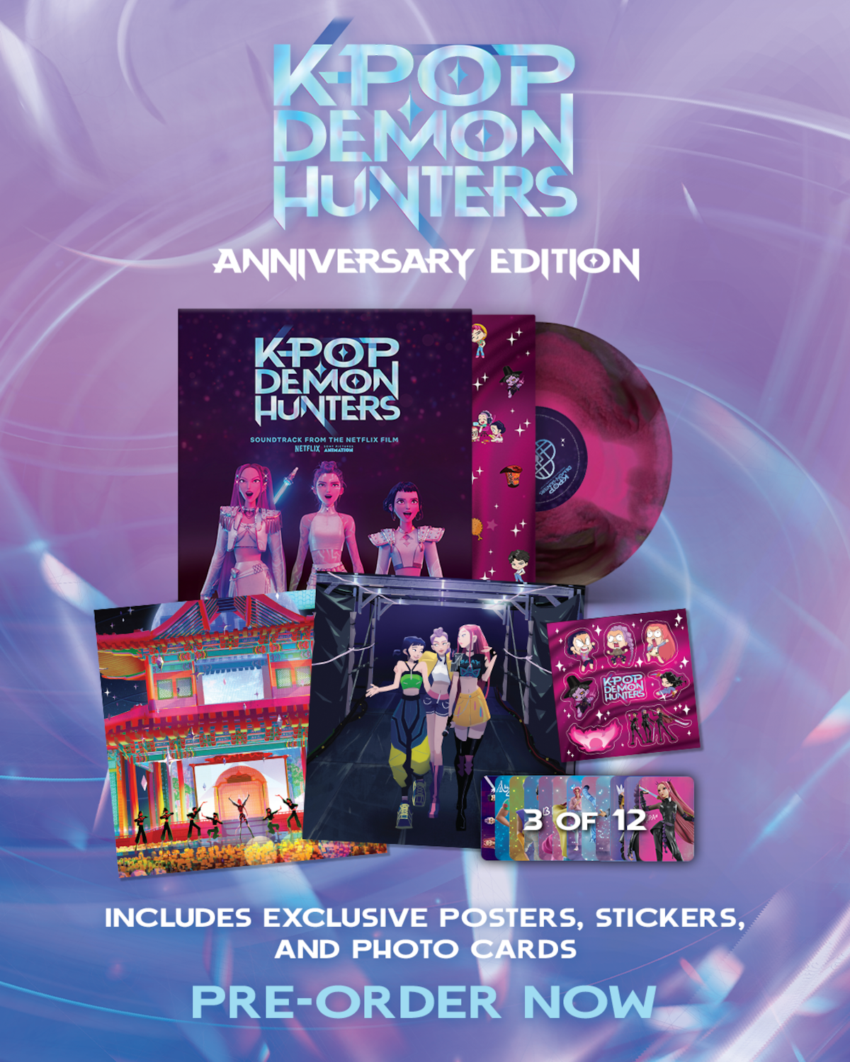 Kpop Demon Hunters anniversary promotion depicting a number of vinyl and music merchandise against a purple and blue gradient background.