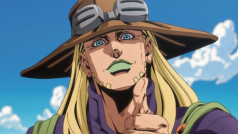 Anime character with long blond hair, a wide-brimmed hat, and goggles pointing forward, standing outdoors under a blue sky with scattered clouds.