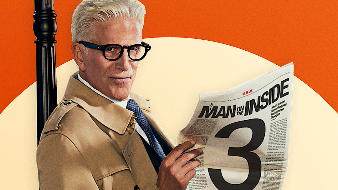 Older man in trench coat and glasses holds newspaper titled "Man on the Inside"; bold design with large number 3, orange and cream background, dramatic lighting, stylized promotional setting.