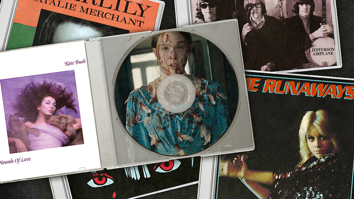 A collection of music album covers with a CD case in the center, featuring a woman in a floral dress with blood on her face, all laid out on a flat surface. Includes albums by Kate Bush, The Runaways, Natalie Merchant, and Jefferson Airplane.