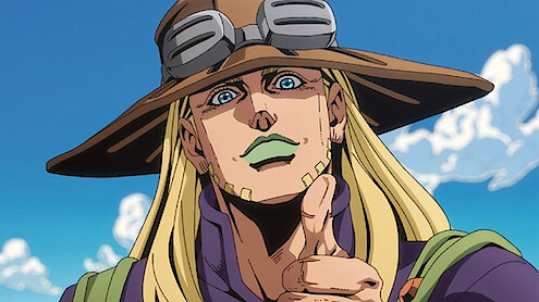 Anime character with long blond hair, a wide-brimmed hat, and goggles pointing forward, standing outdoors under a blue sky with scattered clouds.