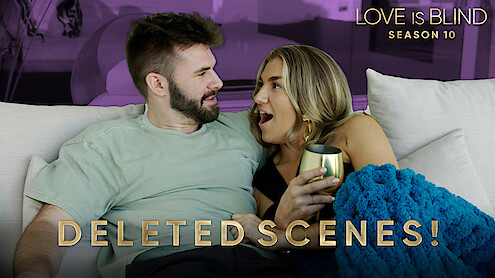 Connor and Bri sit closely on a couch, laughing and talking. Bri holds a drink and a blue blanket is on their laps. The background features text promoting "Love is Blind Season 10 Deleted Scenes."