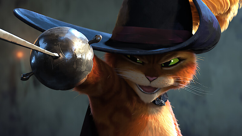 Animated orange cat wearing a black hat and cape, holding a rapier sword, looks confidently forward in a dramatic, dimly lit setting.