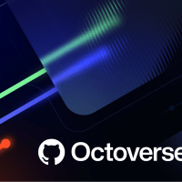 Hero image for GitHub Octoverse 2024 report. The design features abstract, colorful lines in neon pink, green, blue, and purple on a dark background with subtle gradients and geometric shapes. The GitHub logo is positioned in the bottom center alongside the text 'Octoverse 2024' in white.