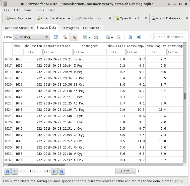 Browsing table obslog using sqlitebrowser