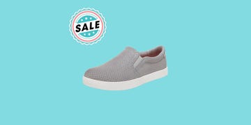 Gray slip-on shoe with perforated design and sale banner Gray slip-on shoe with perforated design and sale banner