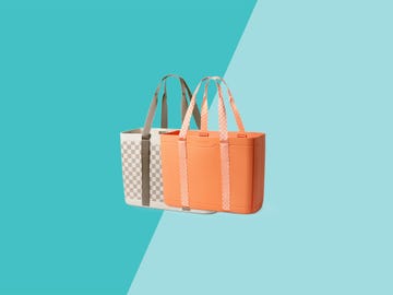 Two tote bags, one orange and one checkered, with long handles on a teal background. Two tote bags, one orange and one checkered, with long handles on a teal background.
