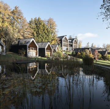 a scenic view of modern wooden cabins near a pond surrounded by trees a scenic view of modern wooden cabins near a pond surrounded by trees